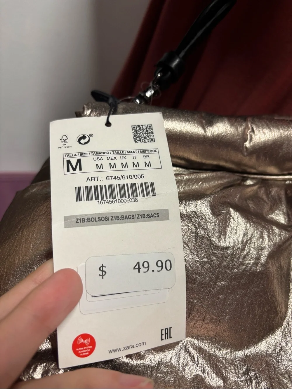 ZARA Metallic Bronze Puffy Crossbody Bag with Black Strap